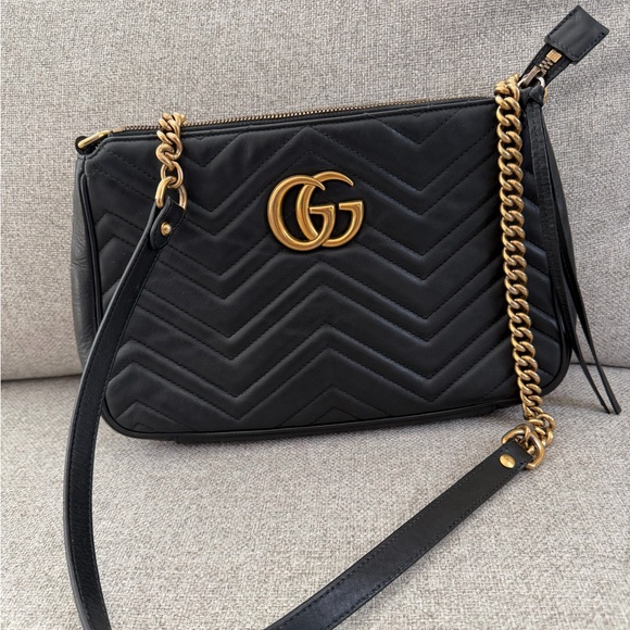 Handbags - Gucci Black Quilted Shoulder Bag with Gold Chain. 100% Authentic